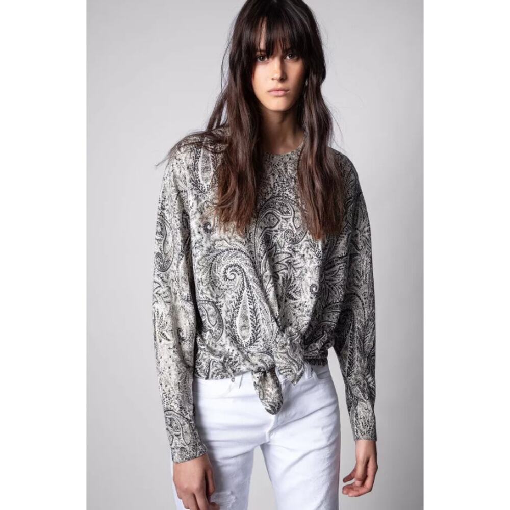 Zadig & Voltaire Ruby Sweater Top Merino Wool Metallic Paisley Split Hem Size S